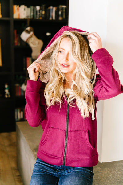 Head Over Heels Sherpa Lined Hoodie In Burgundy