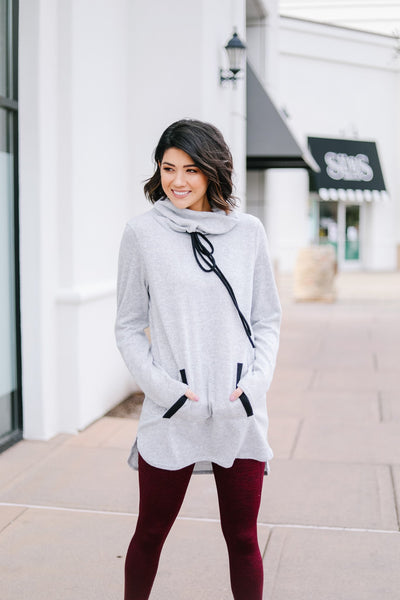 Hop To It Cowl Neck Tunic In Heather Gray