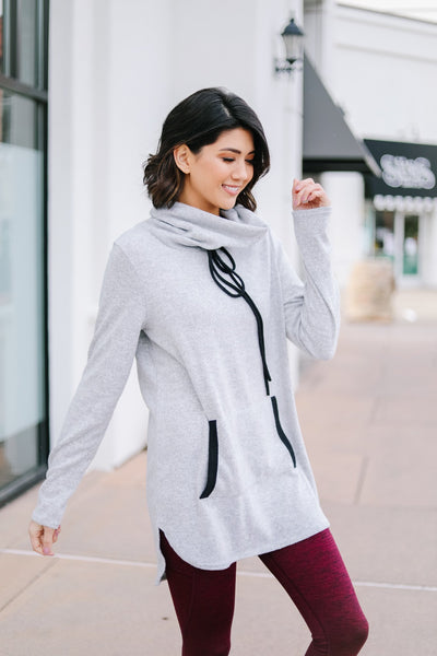 Hop To It Cowl Neck Tunic In Heather Gray