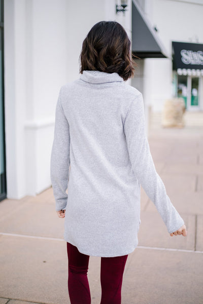 Hop To It Cowl Neck Tunic In Heather Gray