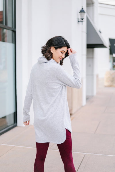 Hop To It Cowl Neck Tunic In Heather Gray