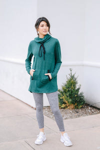 Hop To It Cowl Neck Tunic In Hunter Green