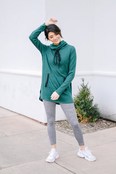 Hop To It Cowl Neck Tunic In Hunter Green