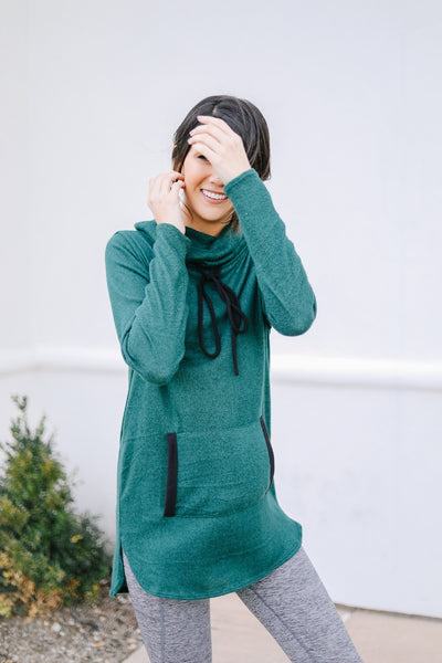 Hop To It Cowl Neck Tunic In Hunter Green