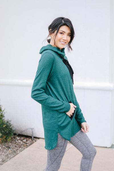 Hop To It Cowl Neck Tunic In Hunter Green