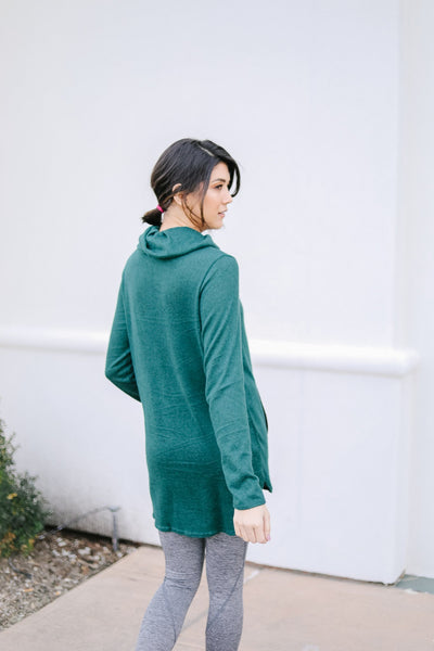 Hop To It Cowl Neck Tunic In Hunter Green