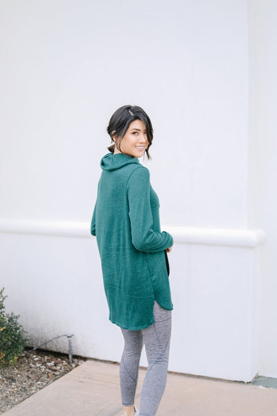 Hop To It Cowl Neck Tunic In Hunter Green