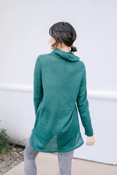 Hop To It Cowl Neck Tunic In Hunter Green