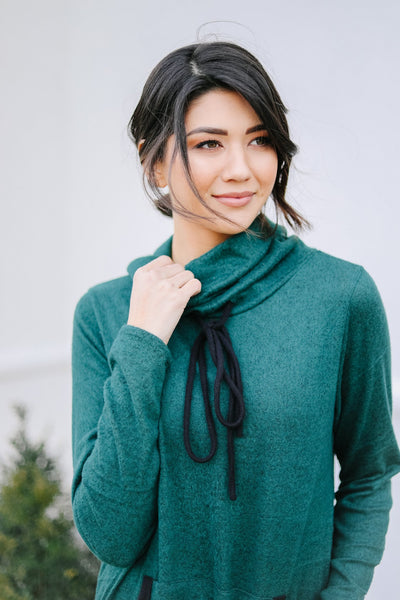 Hop To It Cowl Neck Tunic In Hunter Green