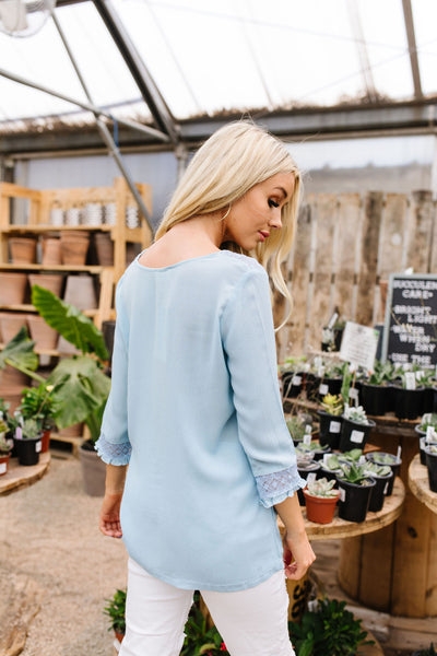 Just In Case Lace Trimmed Blouse In Blue