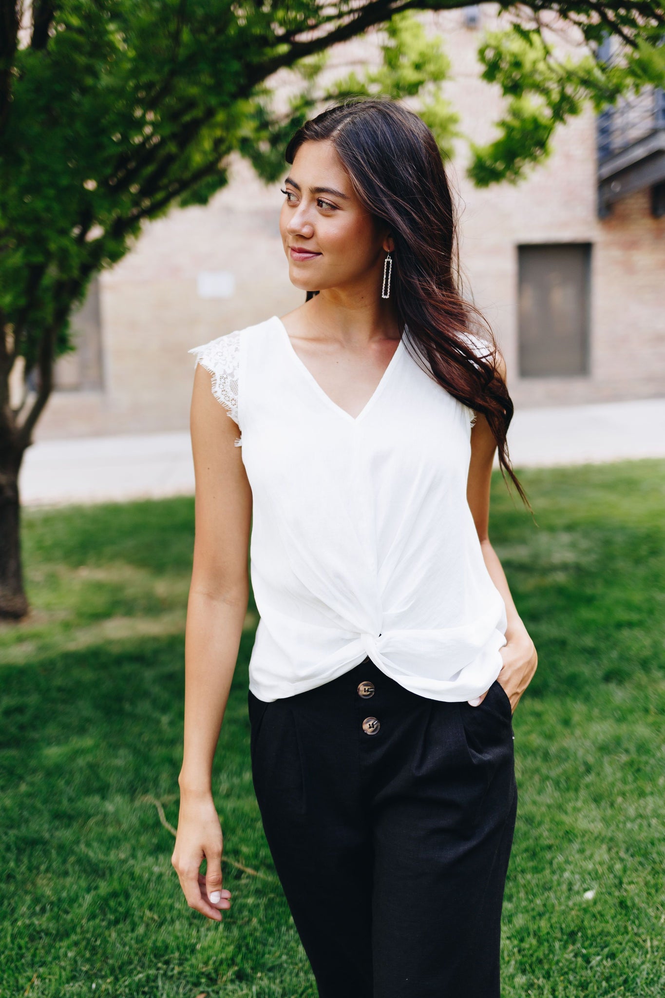 Lace Cap Sleeve Blouse In White