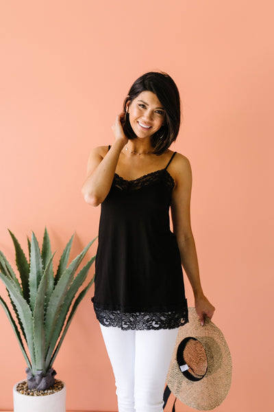 Lace Trimmed Knit Cami In Black