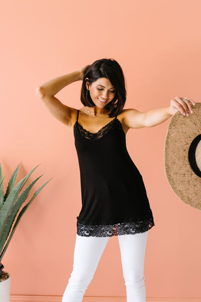 Lace Trimmed Knit Cami In Black