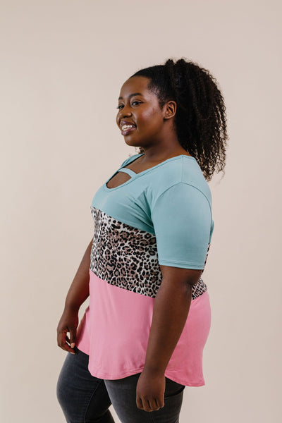Leopard In The Middle Color Block Top In Mint & Coral