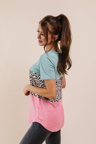 Leopard In The Middle Color Block Top In Mint & Coral