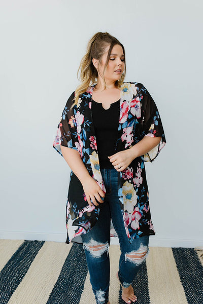 Lightweight Floral Kimono In Black