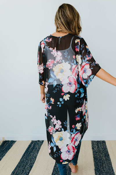 Lightweight Floral Kimono In Black