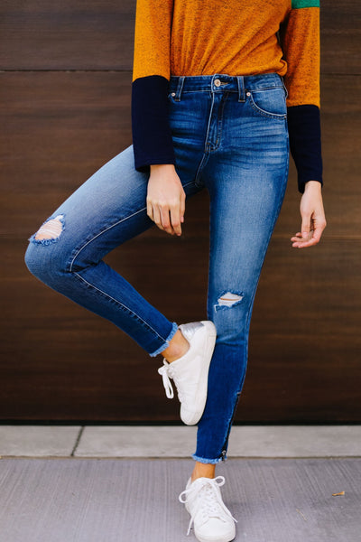 Medium Wash Ankle Zip Skinnies