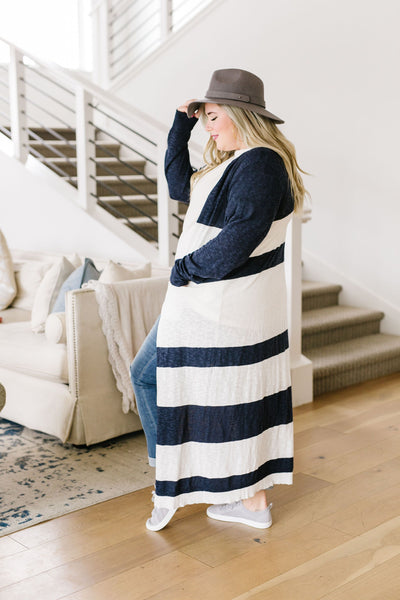 Navy & White Long Striped Cardigan