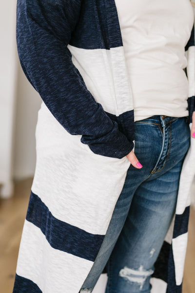 Navy & White Long Striped Cardigan