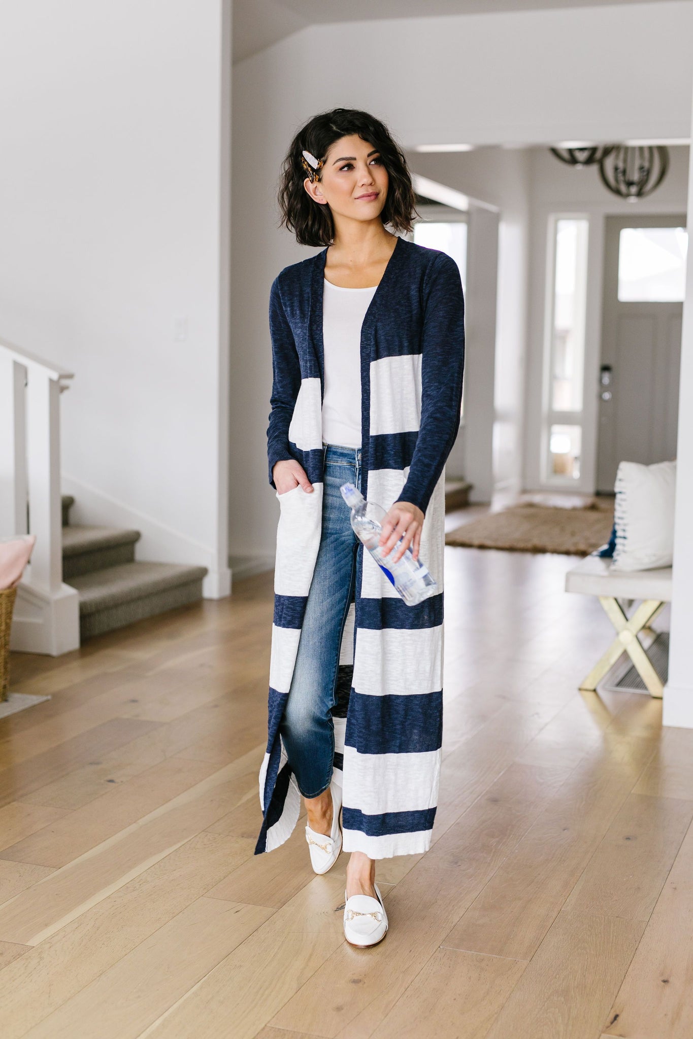 Navy & White Long Striped Cardigan