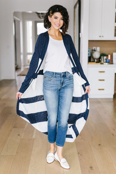 Navy & White Long Striped Cardigan