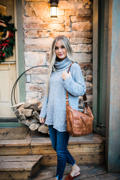 Nubby Gray Cowl Neck Sweater