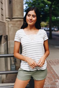 Peekaboo Lace Gray + White Striped Tee