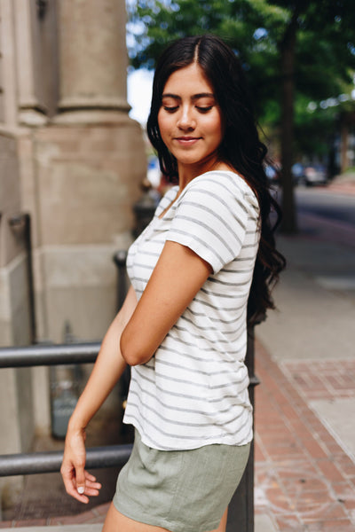 Peekaboo Lace Gray + White Striped Tee