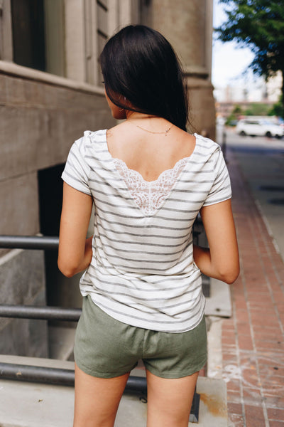 Peekaboo Lace Gray + White Striped Tee