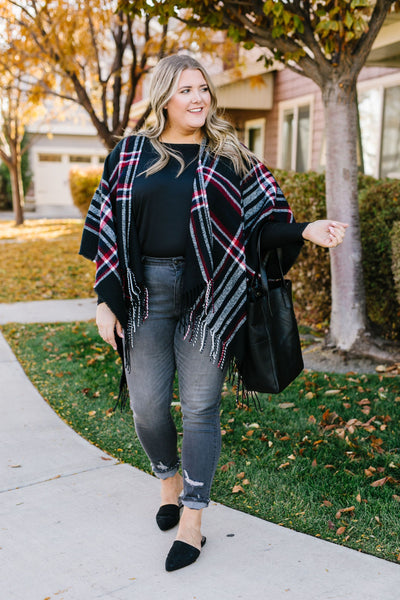 Plaid Girl Fringed Open Poncho