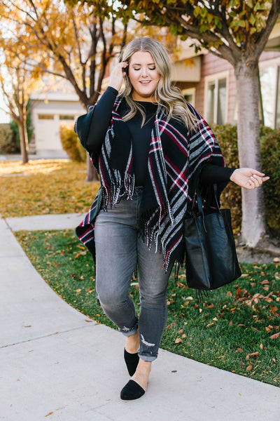 Plaid Girl Fringed Open Poncho