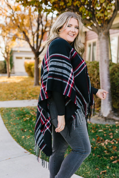 Plaid Girl Fringed Open Poncho