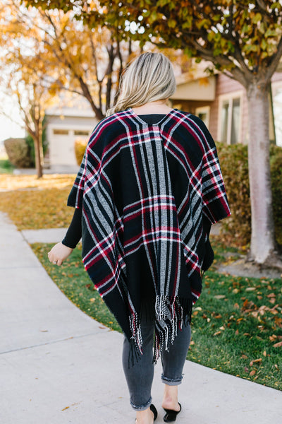 Plaid Girl Fringed Open Poncho