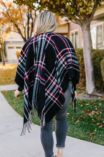 Plaid Girl Fringed Open Poncho