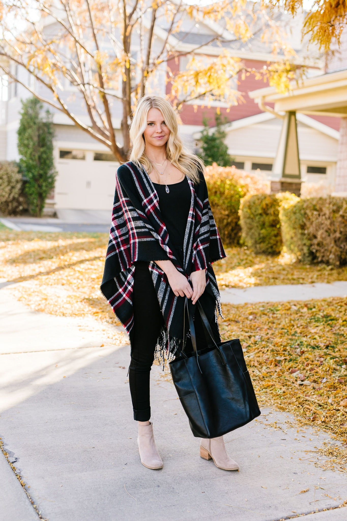 Plaid Girl Fringed Open Poncho