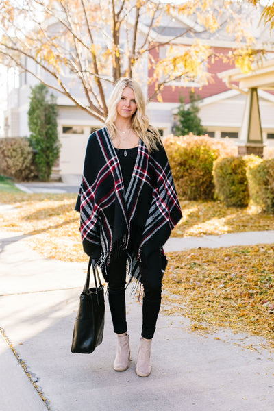 Plaid Girl Fringed Open Poncho