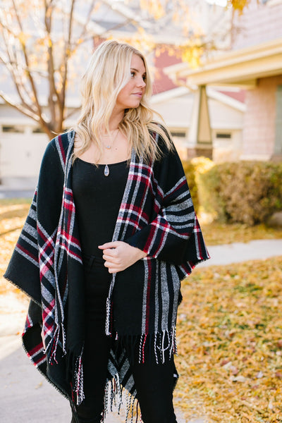 Plaid Girl Fringed Open Poncho