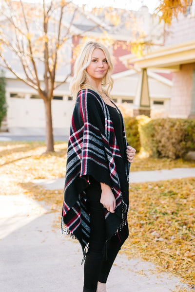 Plaid Girl Fringed Open Poncho