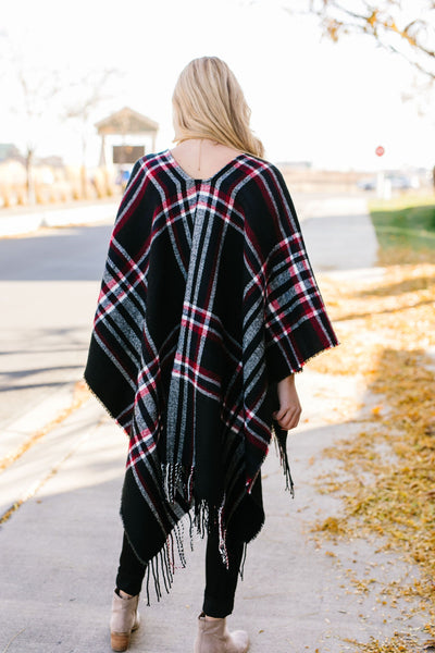 Plaid Girl Fringed Open Poncho