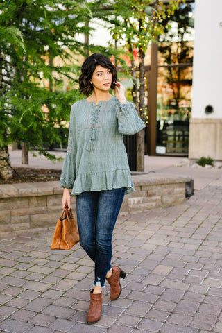 Pleasant Peasant Blouse In Sage