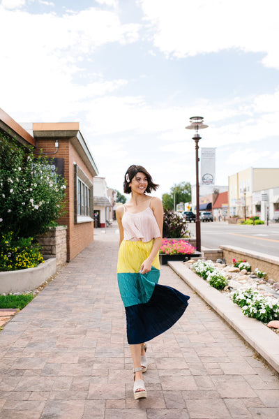 Pleated Color Block Midi Dress
