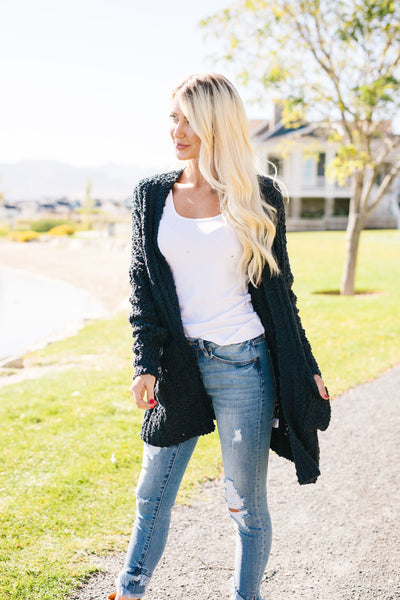 Pocketed Popcorn Cardigan In Navy