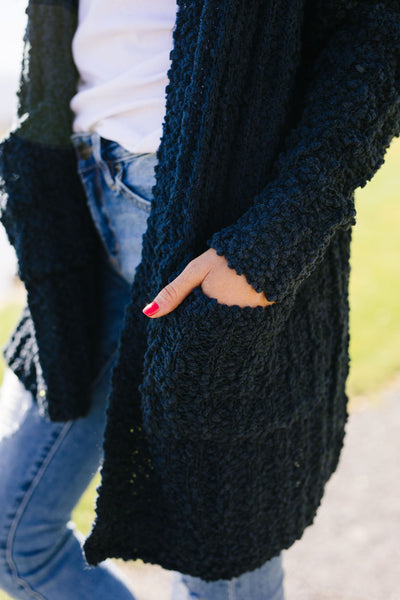 Pocketed Popcorn Cardigan In Navy