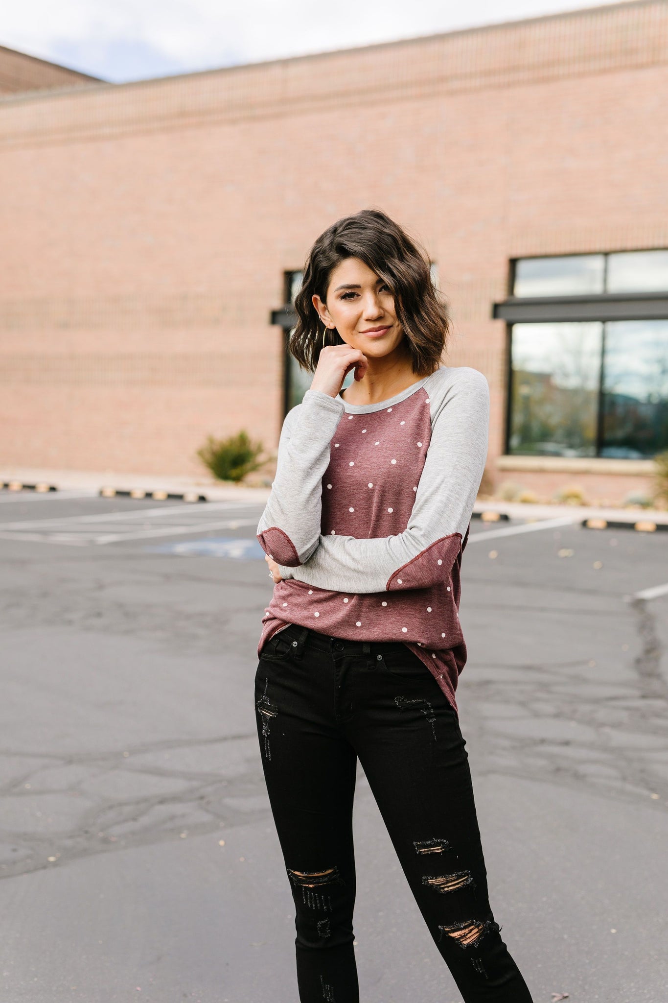 Polka Dot Elbow Patch Raglan Top