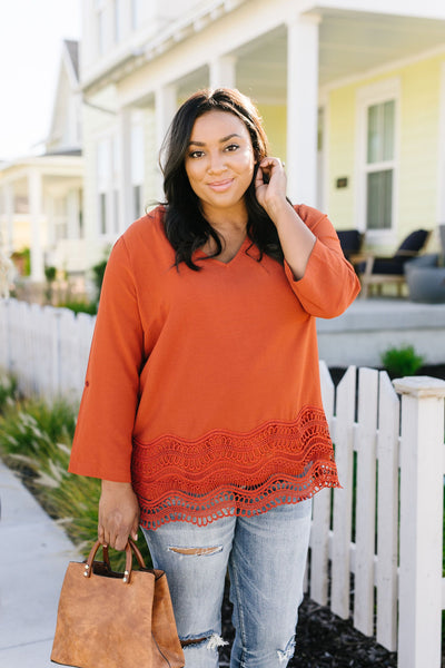 Pumpkin Spice Lace Hem Blouse