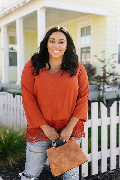 Pumpkin Spice Lace Hem Blouse