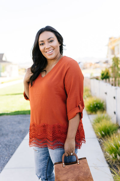 Pumpkin Spice Lace Hem Blouse