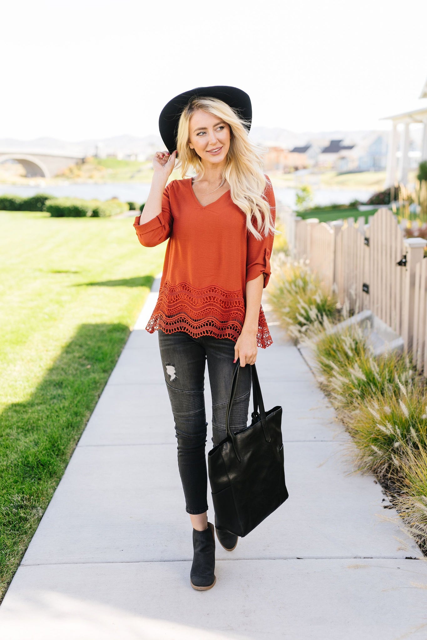 Pumpkin Spice Lace Hem Blouse