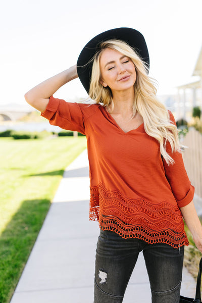 Pumpkin Spice Lace Hem Blouse